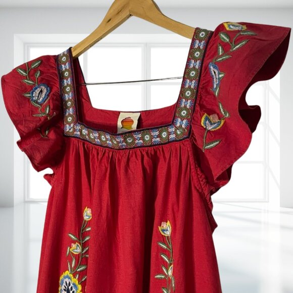 FARM RIO XL Embroidered Linen-Blend Maxi Dress Pockets Boho Festival - Picture 4 of 14